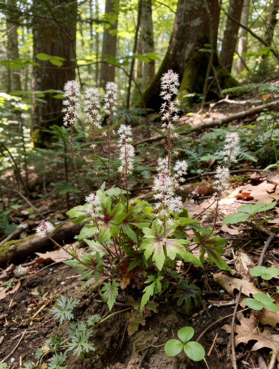 Tiarella 'Morning Star' in bloom in a cool, shaded woodland